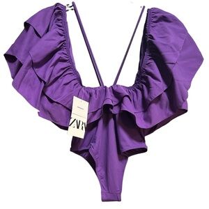 Zara Purple Frill One Piece Plunge Swimsuit Body Suit Swimming Costume NWT sz S